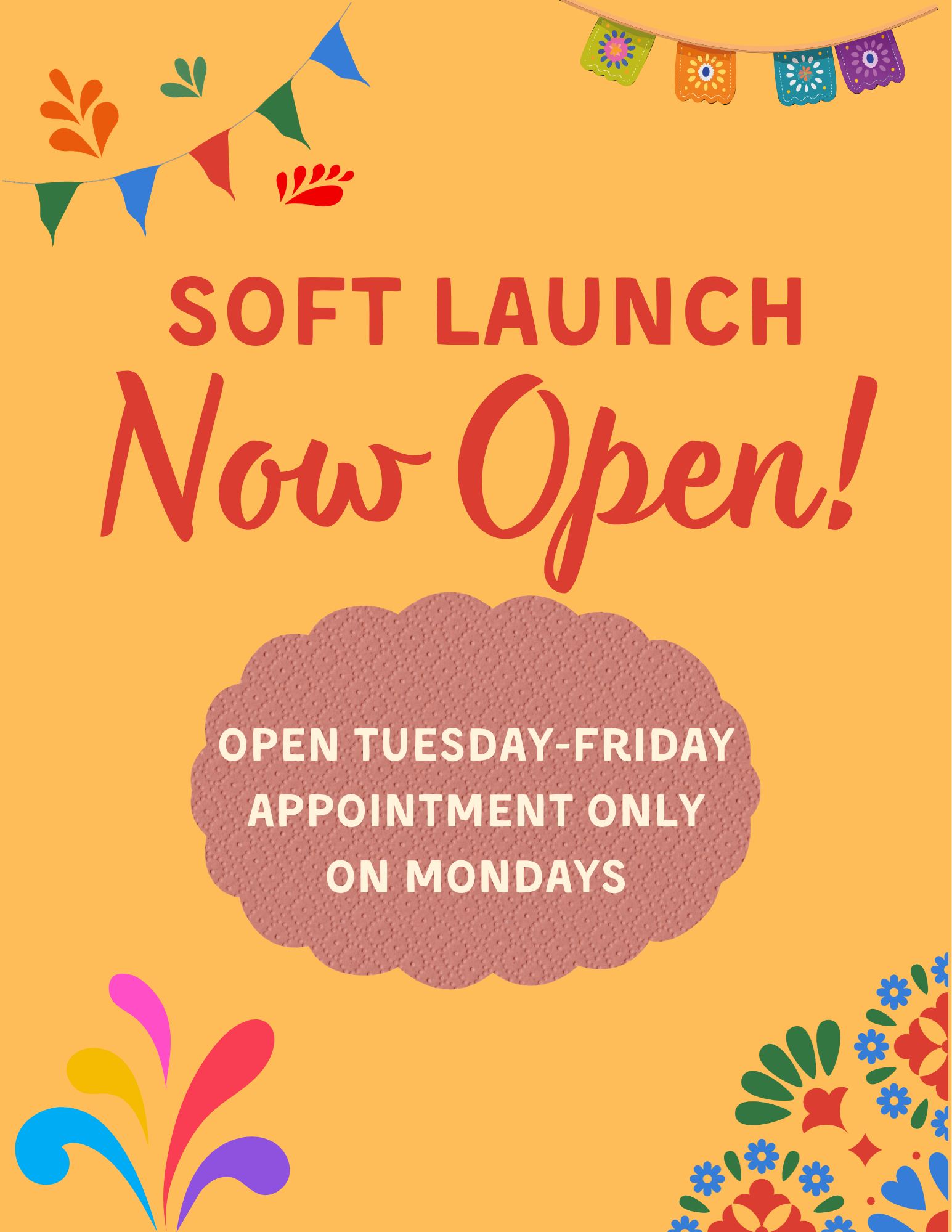 Soft Launch Now Open! Open Tuesday-Friday, Appointment only on Mondays.