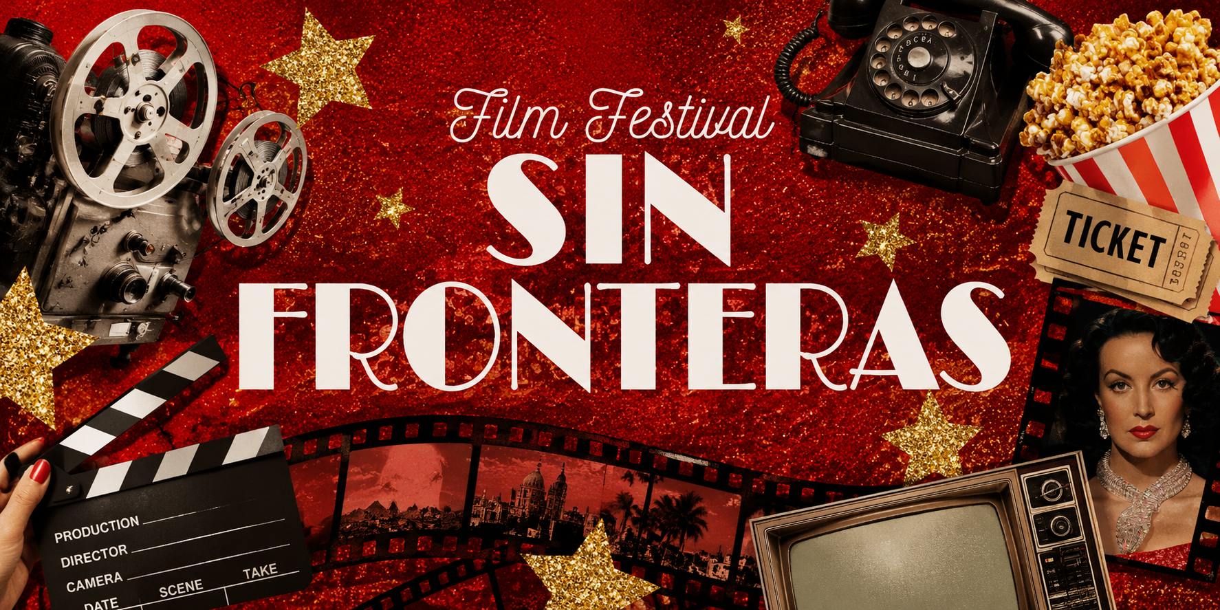 Red carpet background with popcorn and film strip with Film Festival: Sin Fronteras title listed.